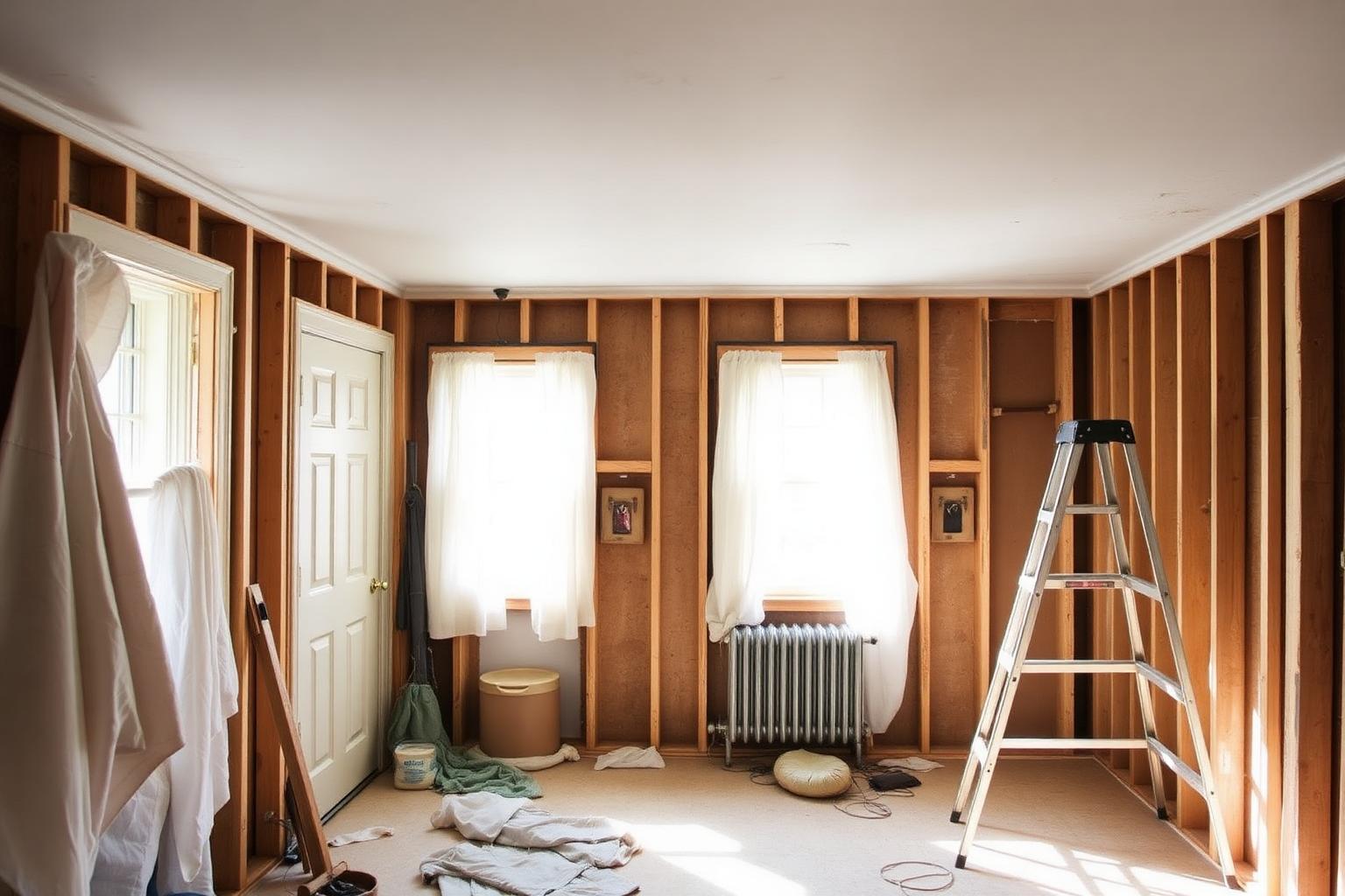 Older New York City home mid-renovation with exposed wall studs
