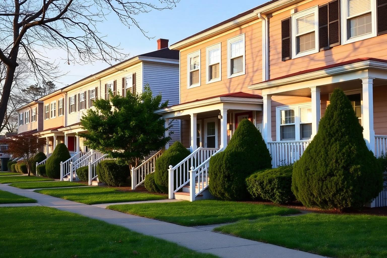 Row of New York City rental townhouses at early evening