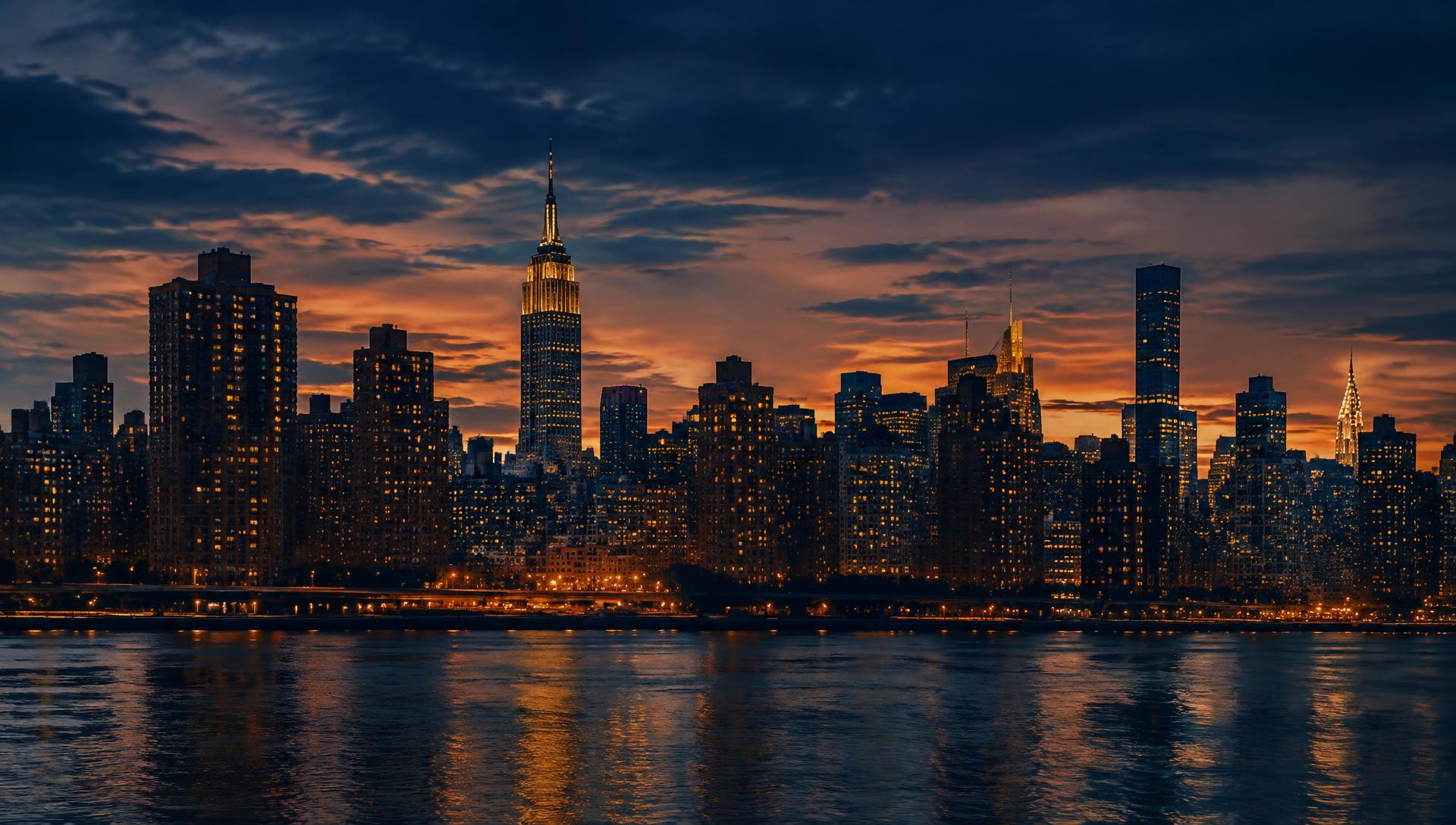 Manhattan skyline at dusk across the East River